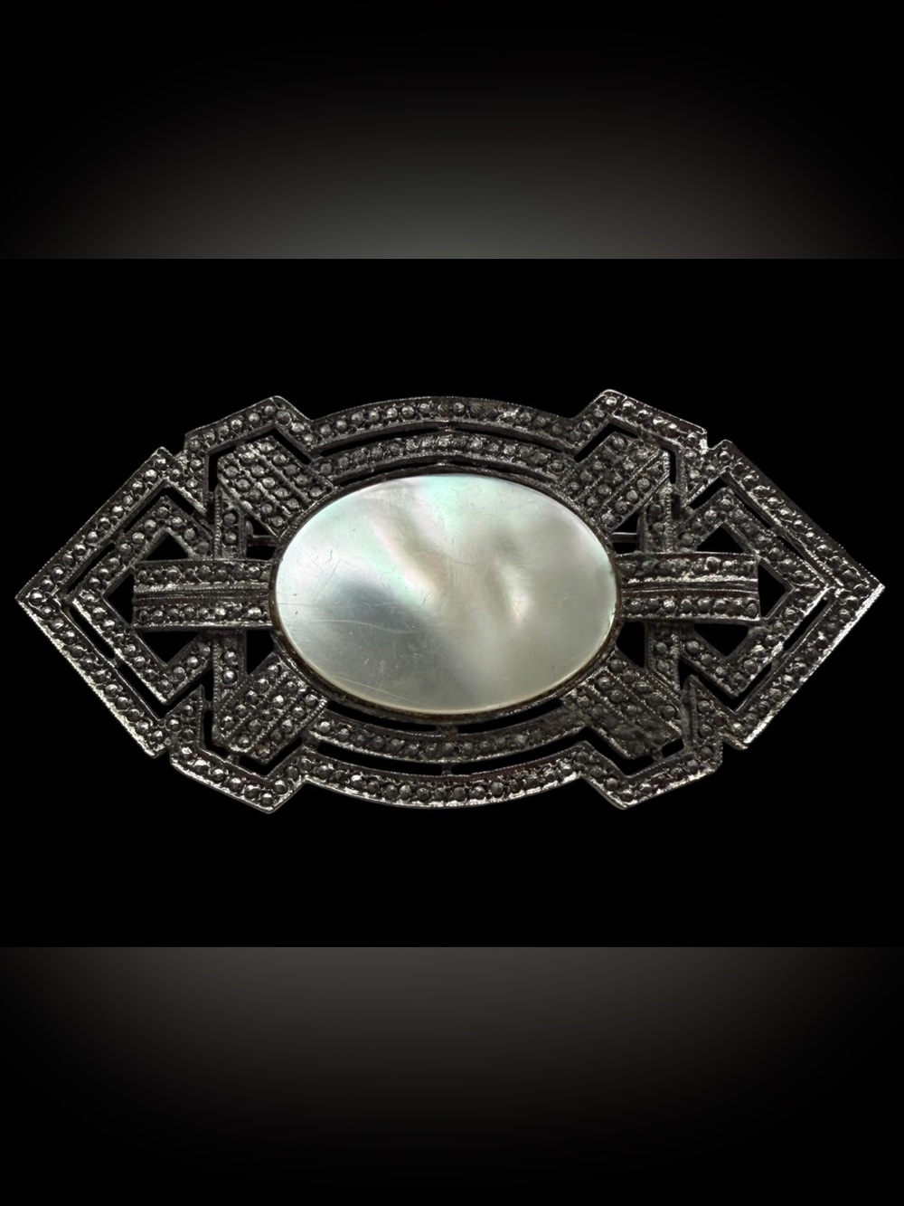 Vintage Art Deco Marcasite Brooch w/ Large Oval Mother of Pearl Cabochon
